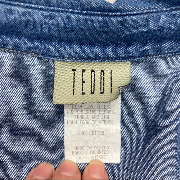 Vintage Light Denim Shirt Jacket Leaf Embroidery 100% Cotton TEDDI SZ XL EUC - Picture 6 of 9